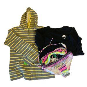 Merona M Gray & Yellow Striped Full-Zip Hoodie Black Alien Tee & Pink Bikini Set